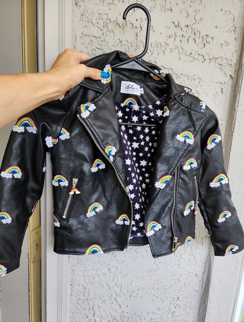 Lola The Boys Girls' Black Rainbow Embroidered Moto Jacket B12